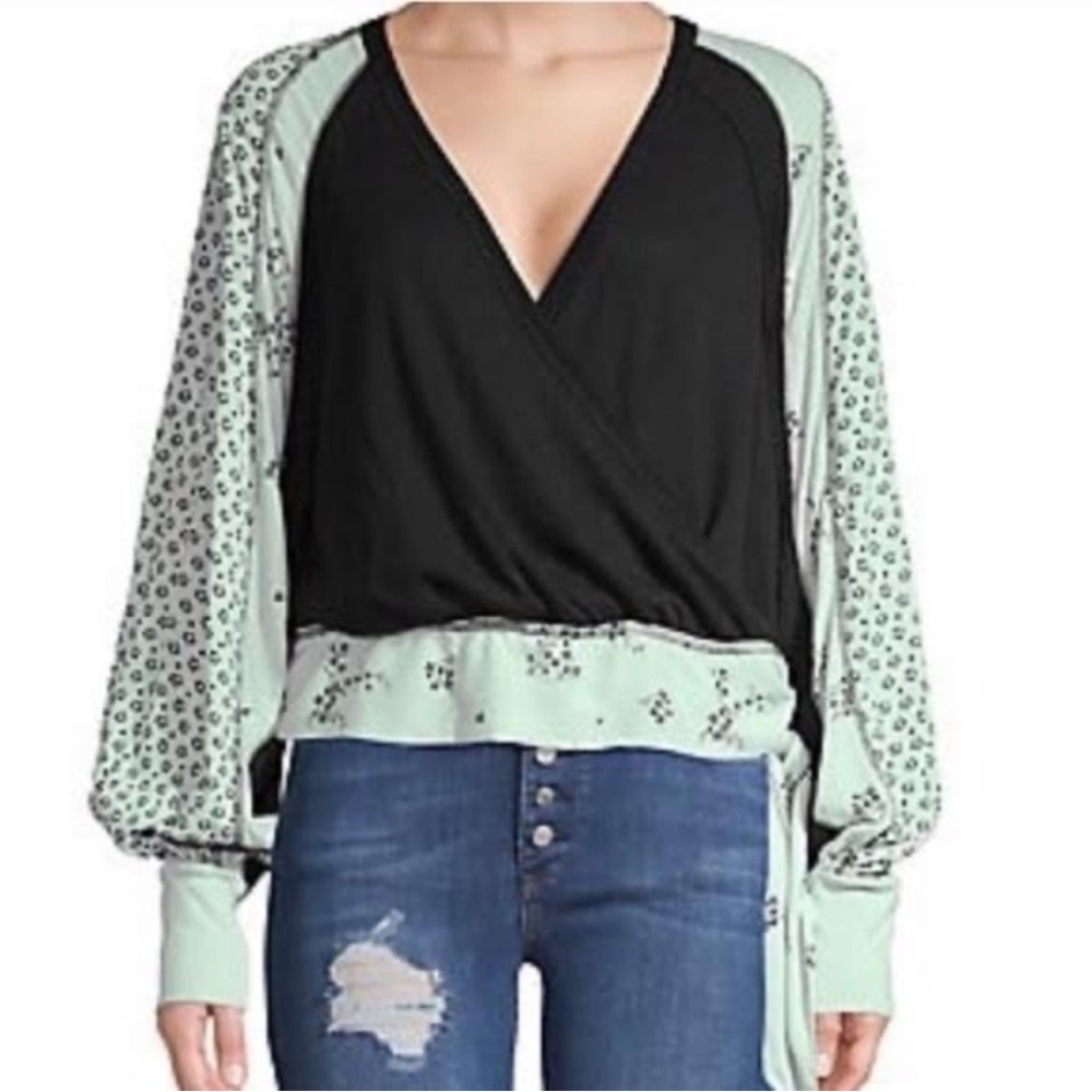 Free People Auxton front wrap Mint Floral Black thermal knit Top